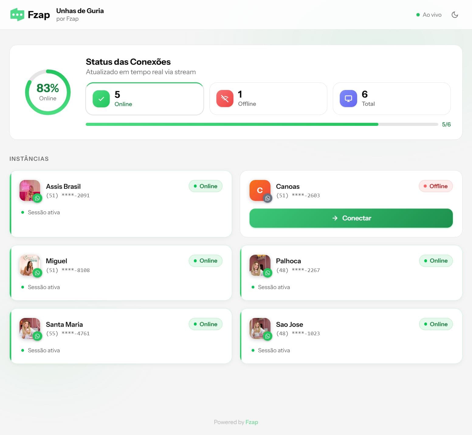 Dashboard público de instâncias FZAP com status em tempo real