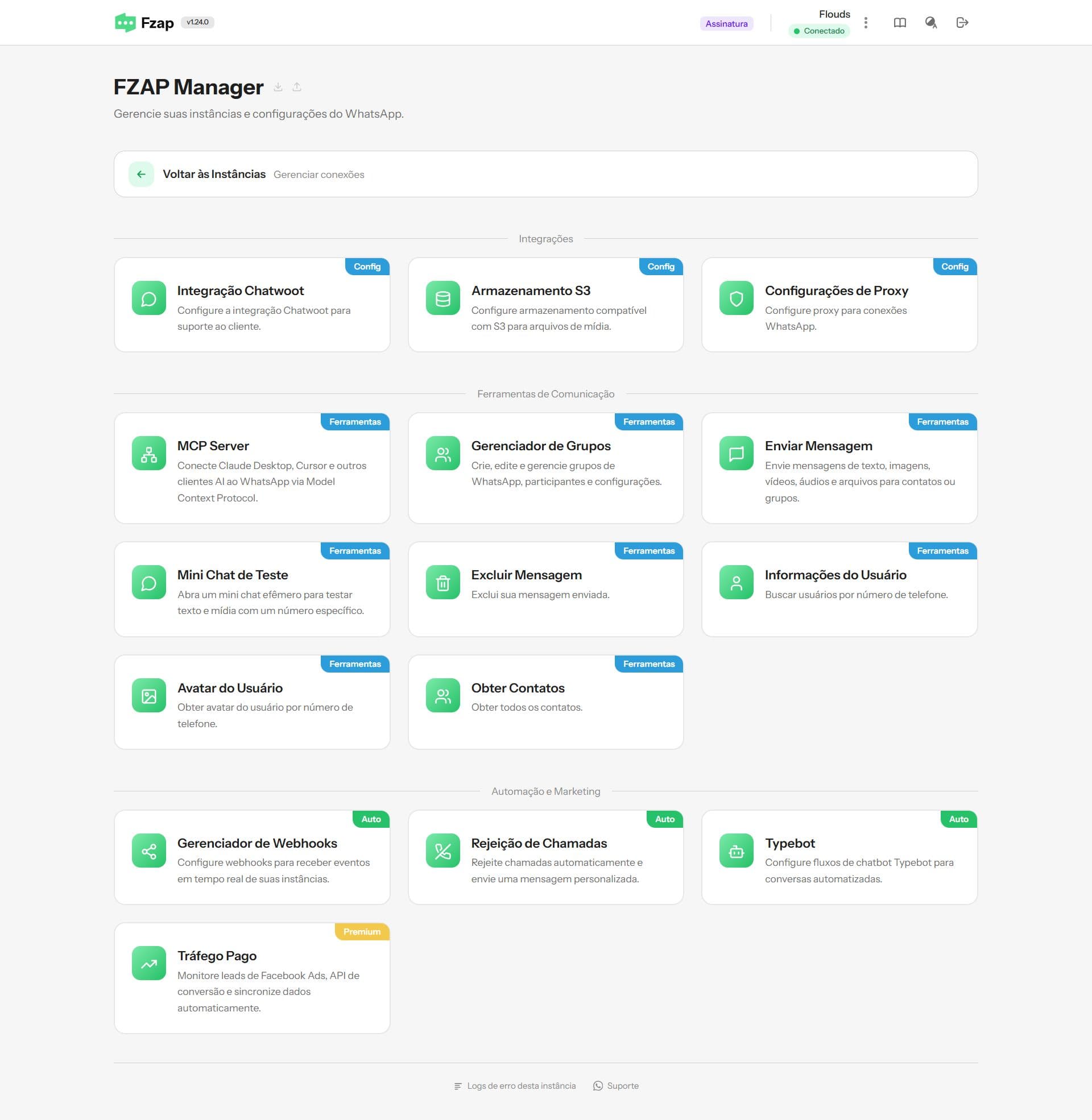 Painel de automação FZAP com integrações ativas
