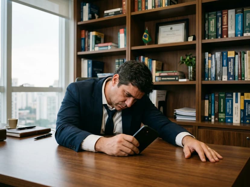 Executivo em escritório olhando para celular sem chamadas com expressão de frustração