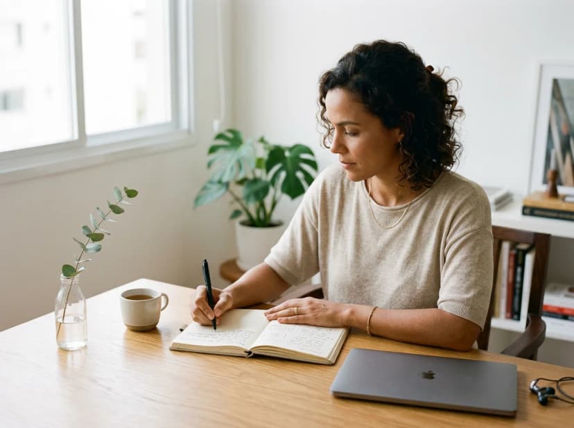 Empresária anotando planejamento em caderno com foco e tranquilidade