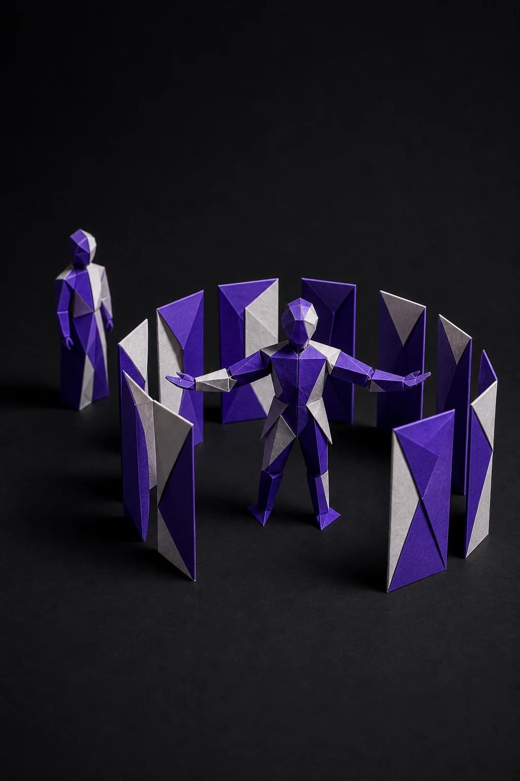 Escultura de papel plegado: una figura de brazos abiertos rodeada por un anillo de paneles a su alcance