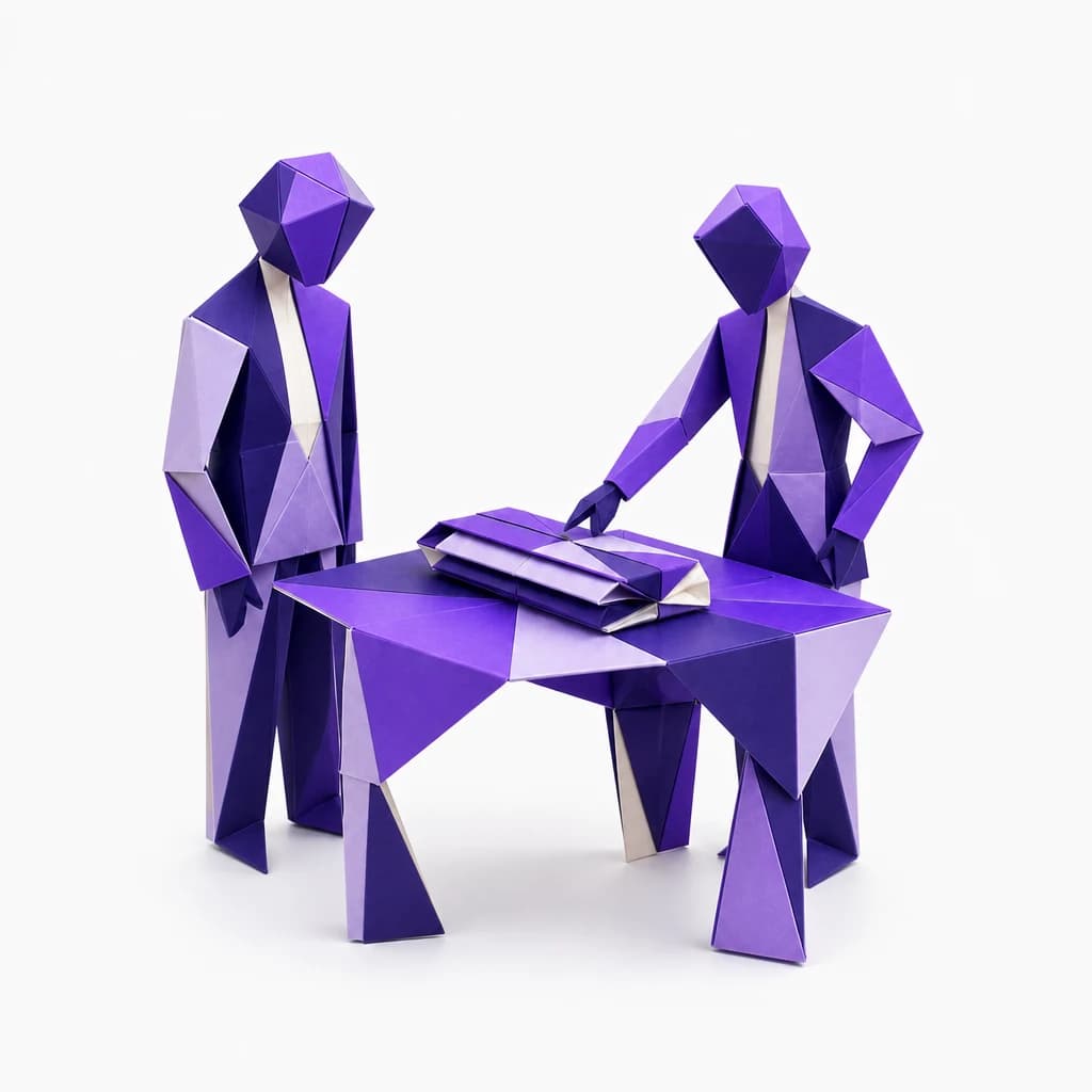 Escultura de papel plegado: dos figuras ante una mesa, una de ellas acaba de dejar un sobre