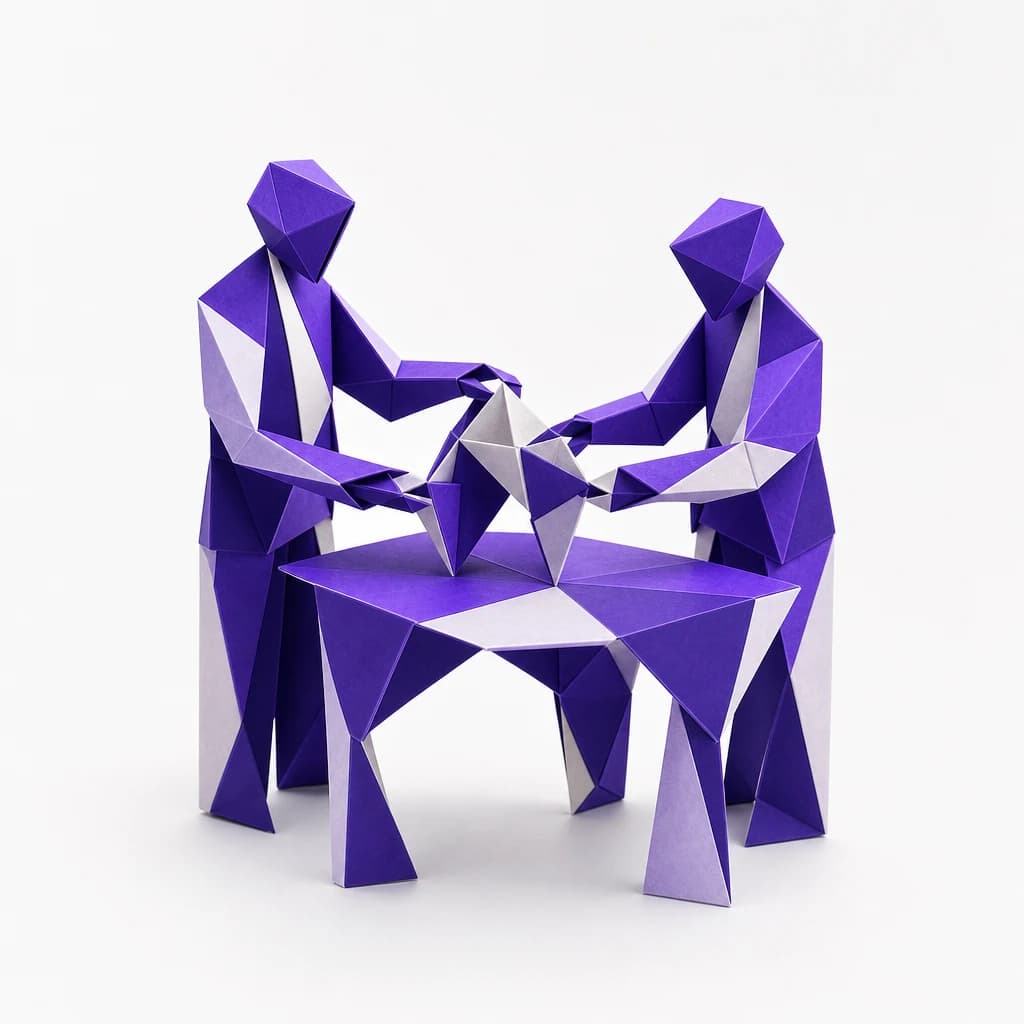 Escultura de papel plegado: dos figuras unen con las manos las dos partes de una pieza sobre la mesa