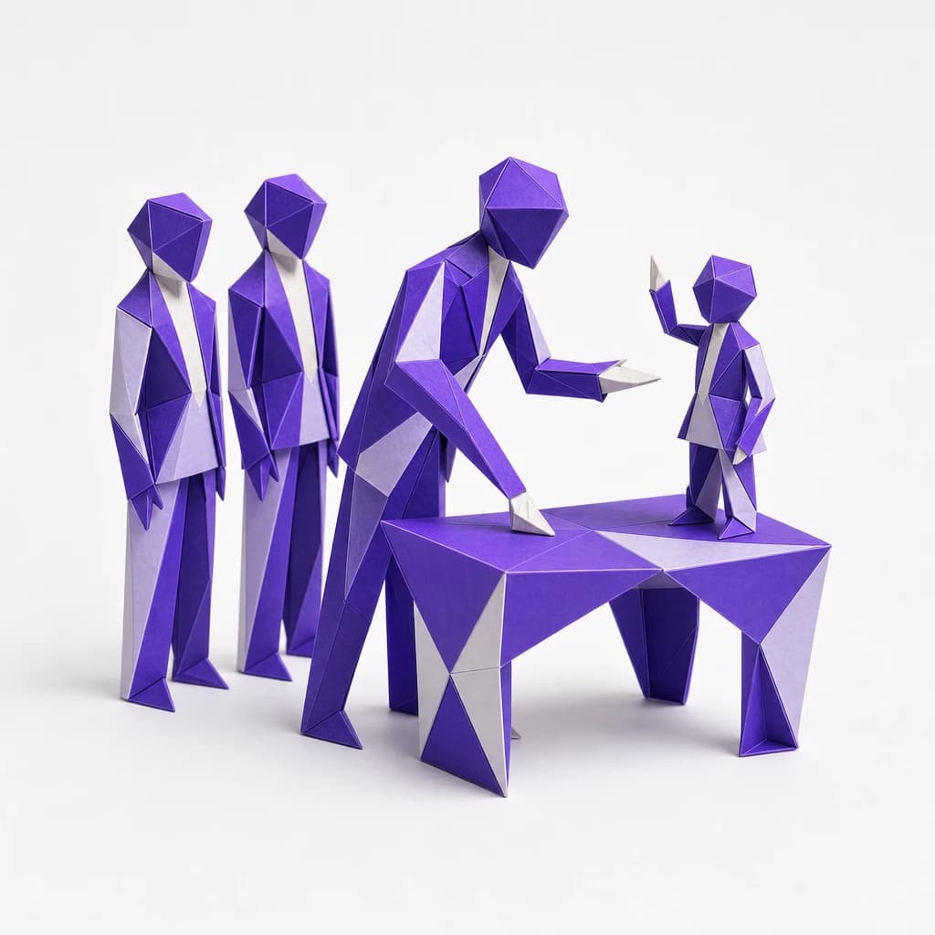 Escultura de papel plegado: una figura conversa con un asistente pequeño de pie sobre la mesa