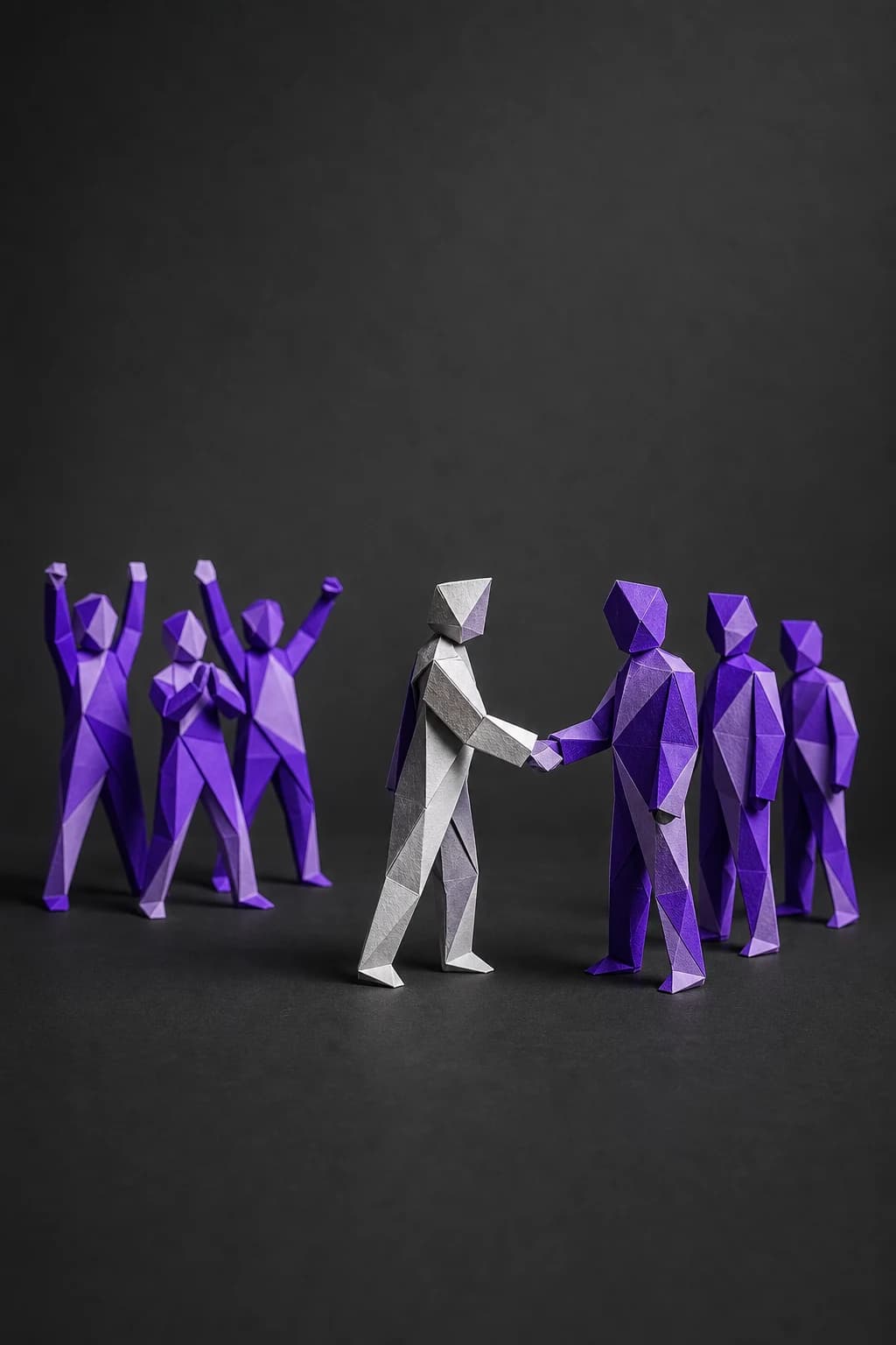 Escultura de papel plegado: una figura clara estrecha la mano de una persona en la fila mientras quienes ya fueron saludados celebran al fondo