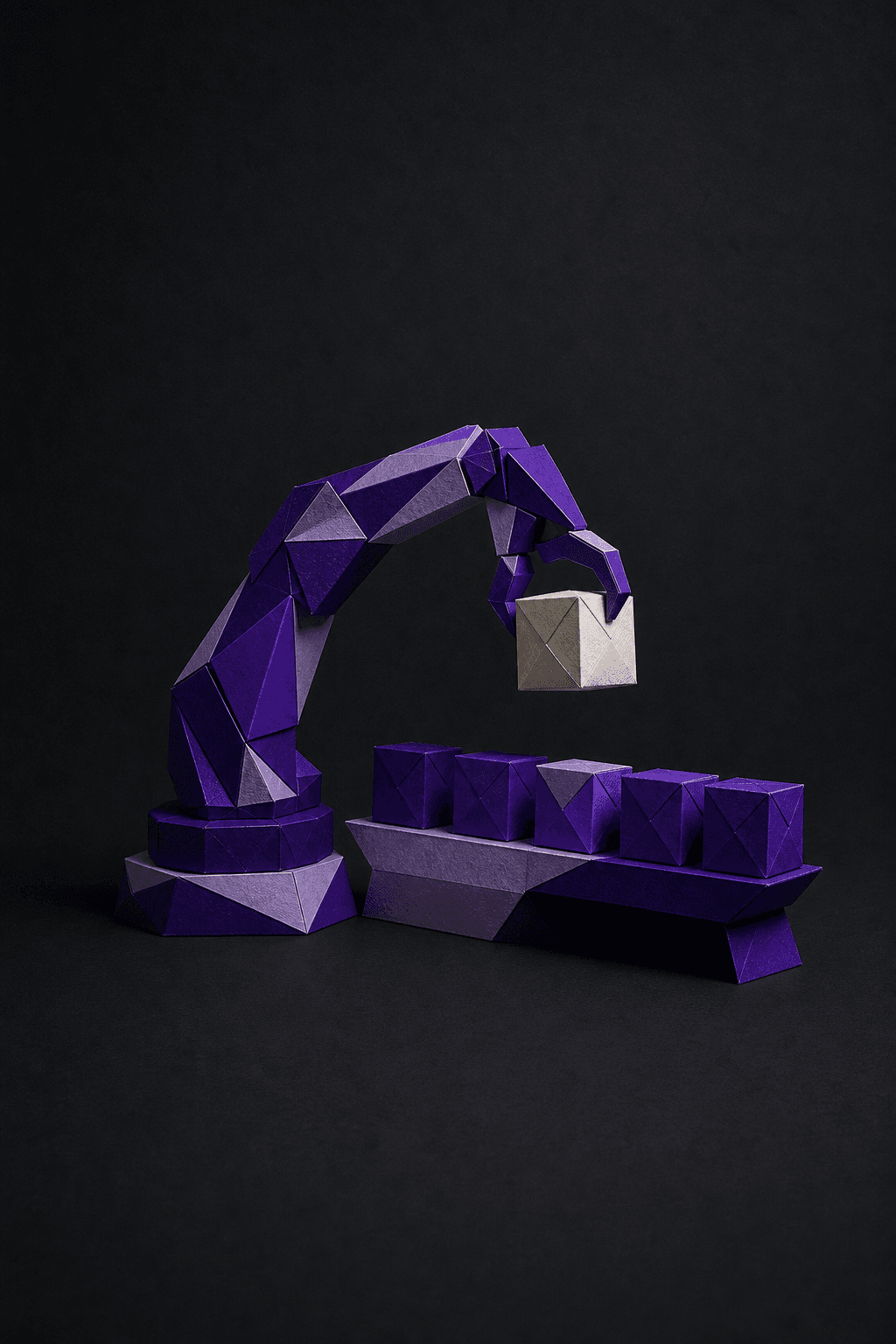 Brazo robótico levantando fuera de la fila el único paquete de papel blanco entre los violetas