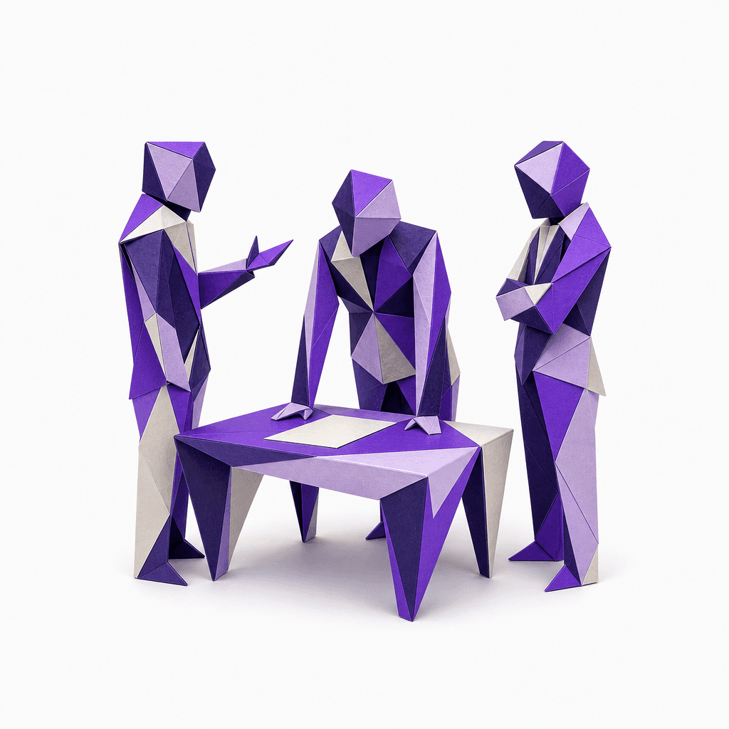 Tres figuras de papel plegado conversando alrededor de una mesa de taller, con una hoja en blanco encima