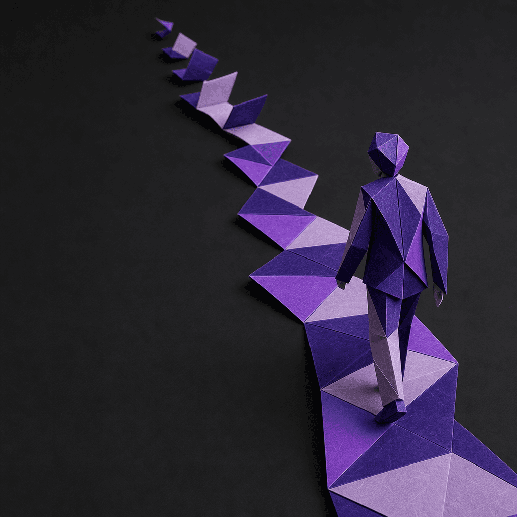 Ruta de papel plegado desplegándose de un solo tramo hasta el fondo, con una figura de espaldas entrando en ella