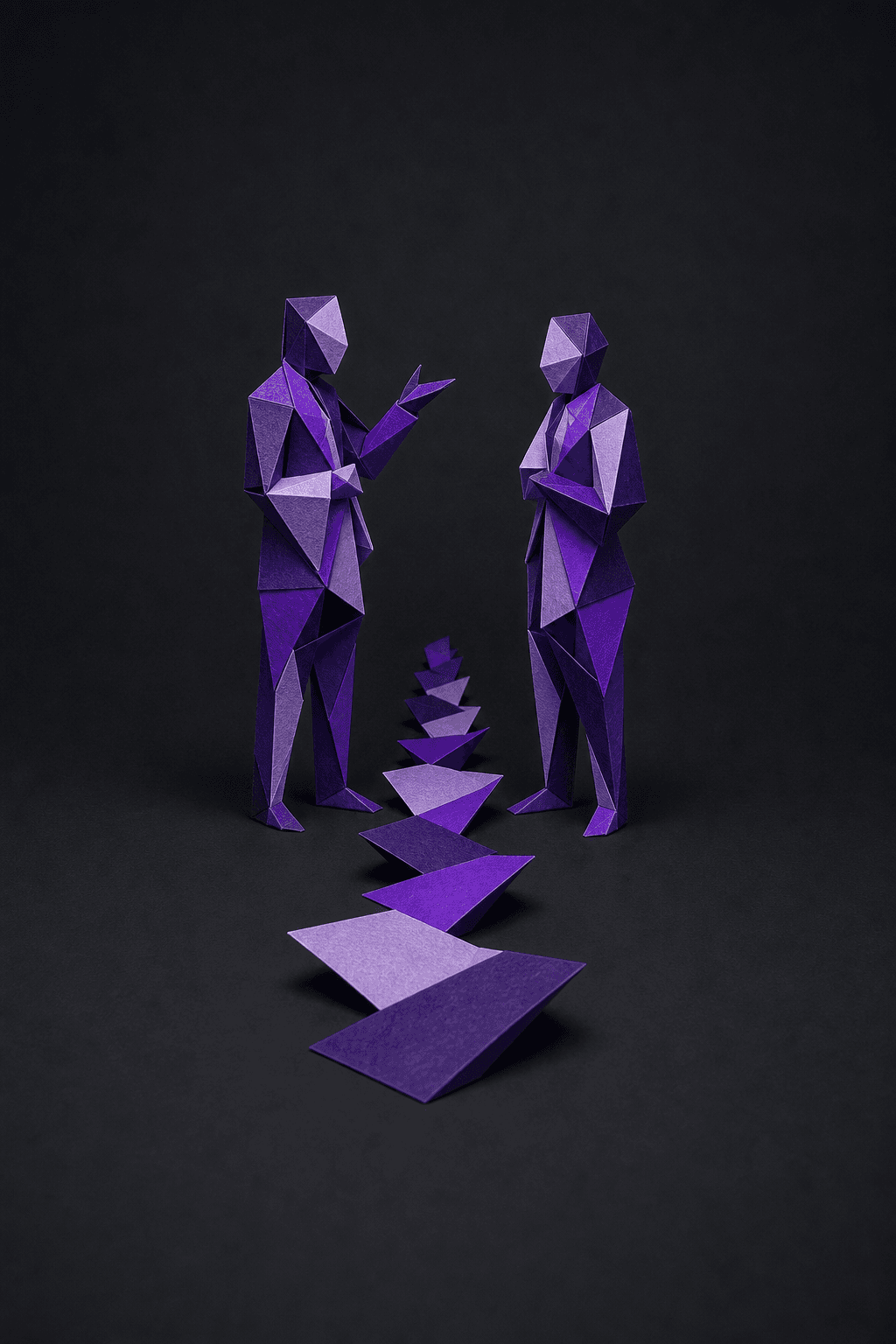 Dos figuras de papel conversando y el camino disparándose plegado desde el punto entre ellas