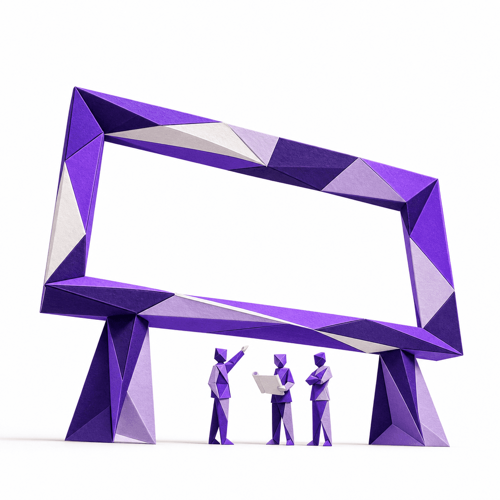 Tres figuras conversando al pie de la estructura vacía de una valla de papel, una de ellas señalando el hueco