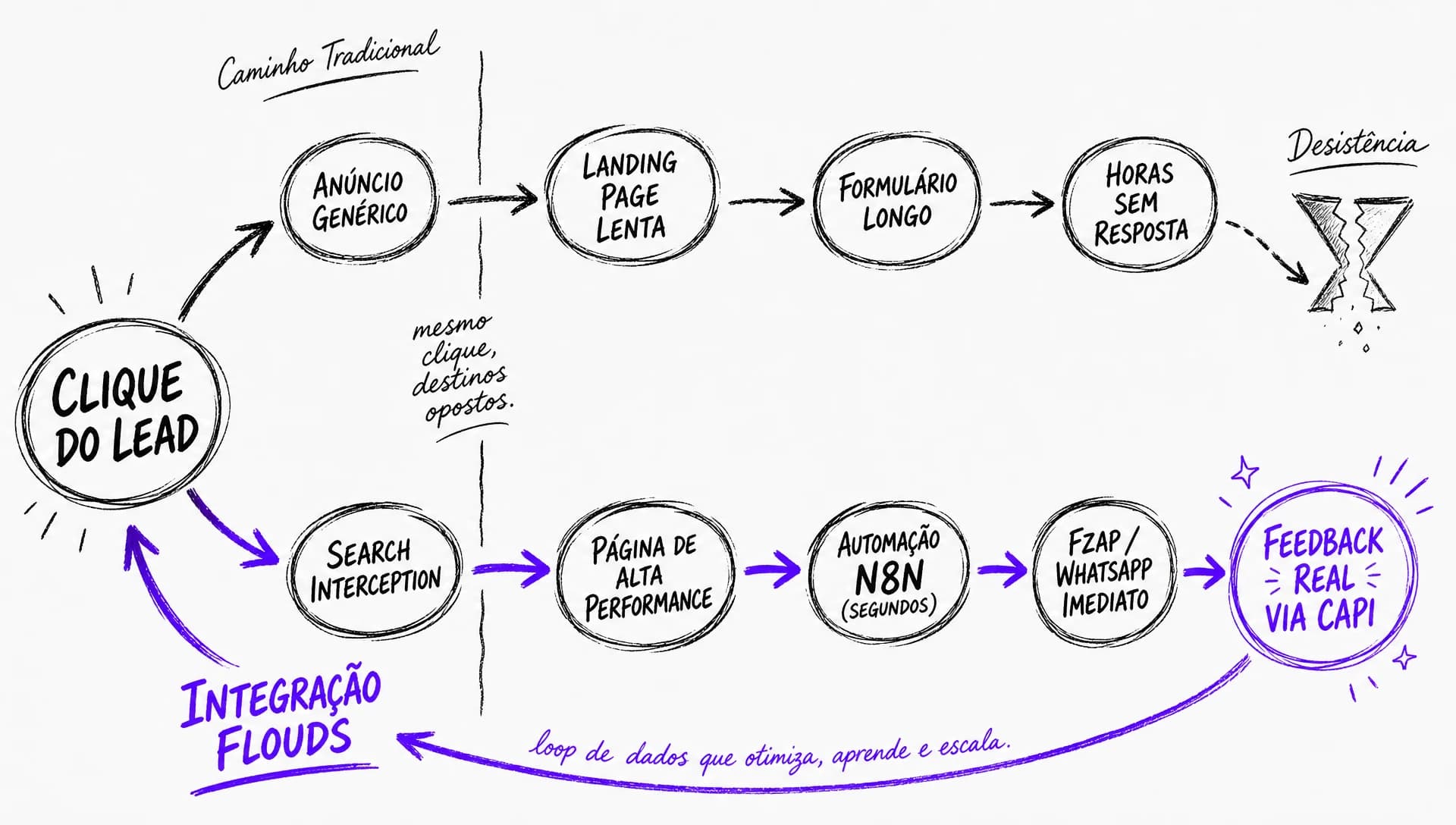Infográfico comparando o Caminho Tradicional lento com a Integration de Alta Performance e Automação da Flouds