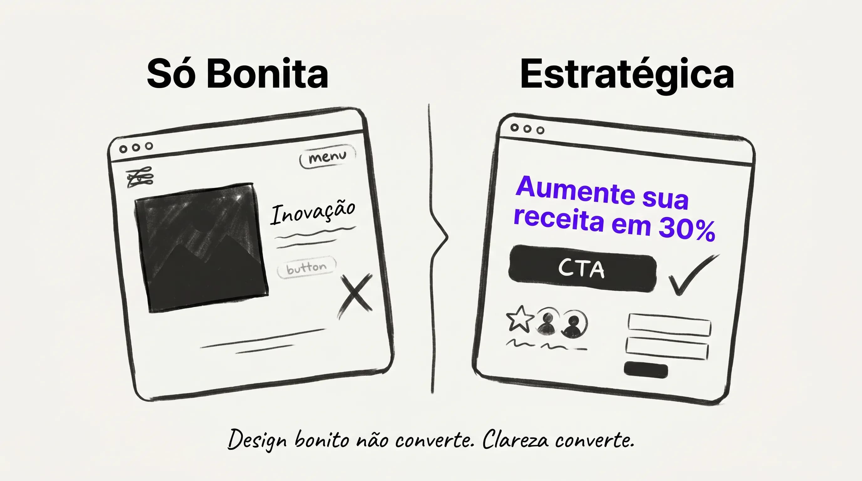 Contraste entre landing page só bonita e landing page estratégica