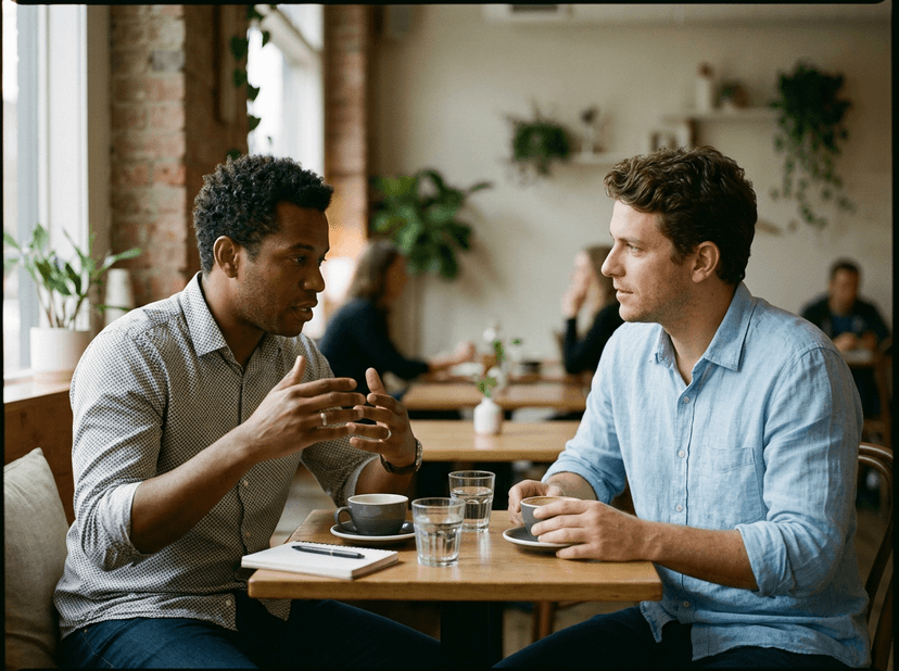 Dos empresarios en conversación de negocios 1 a 1 en un café