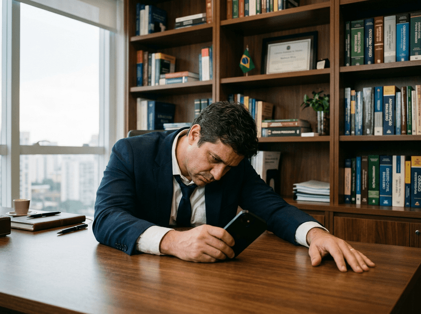 Ejecutivo en oficina mirando el celular sin llamadas con expresión de frustración