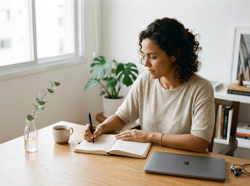 Empresaria anotando planificación en cuaderno con foco y tranquilidad