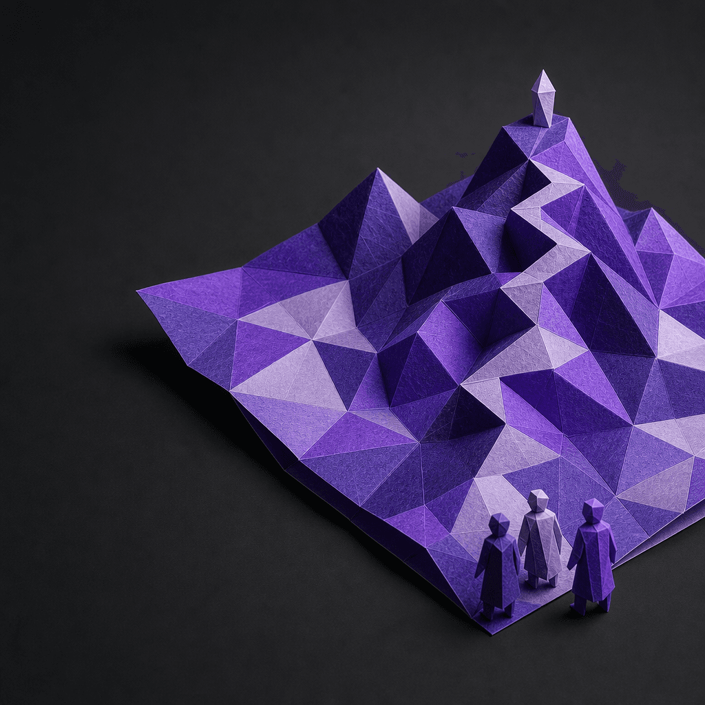Un mapa de papel plegado cuyo relieve se levanta de la propia hoja, con la ruta subiendo hasta un marcador al fondo y la tripulación llegando por el borde