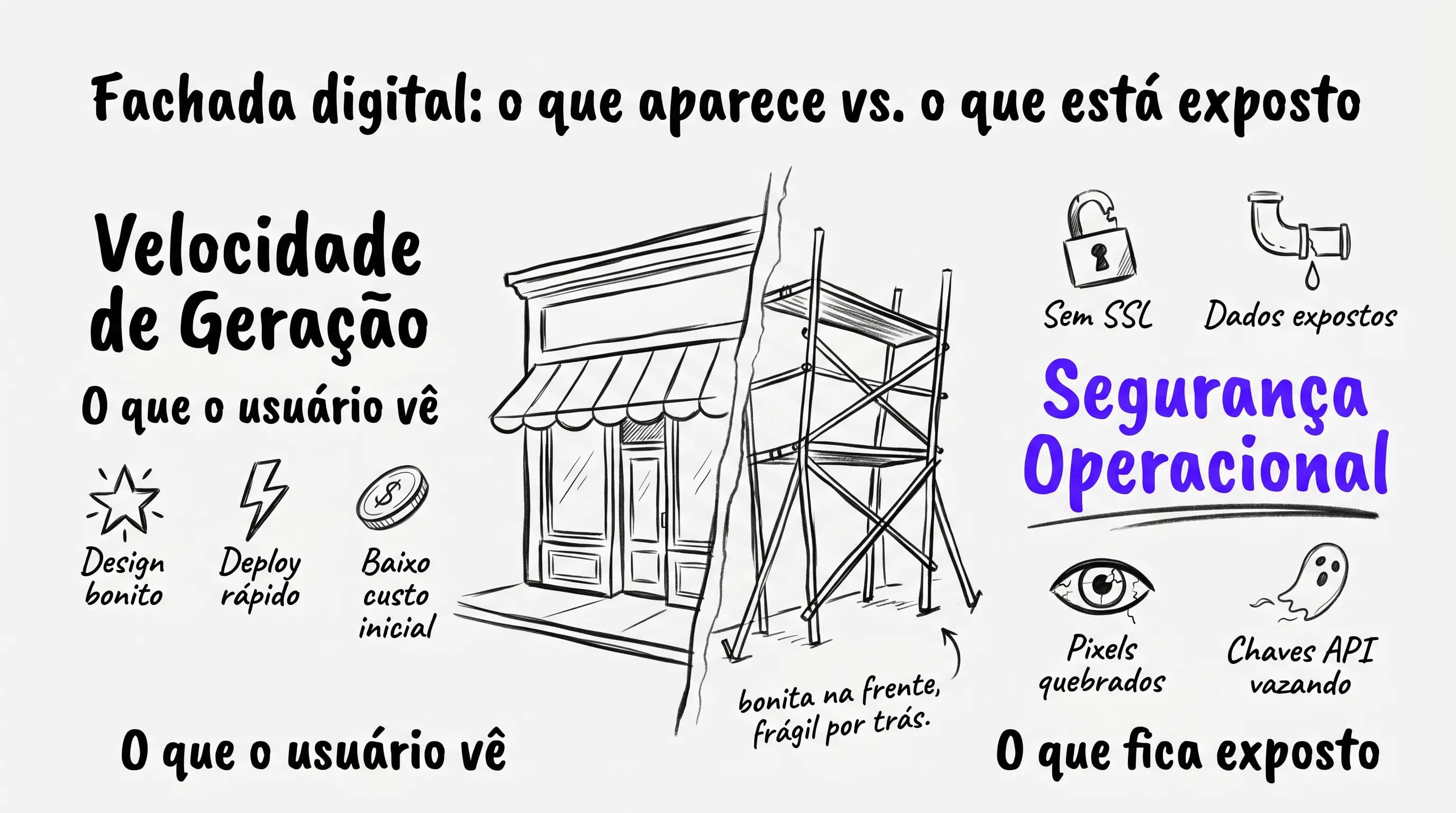 Infográfico comparando o que o usuário vê na frente da landing page gerada por IA vs o que fica exposto nos bastidores