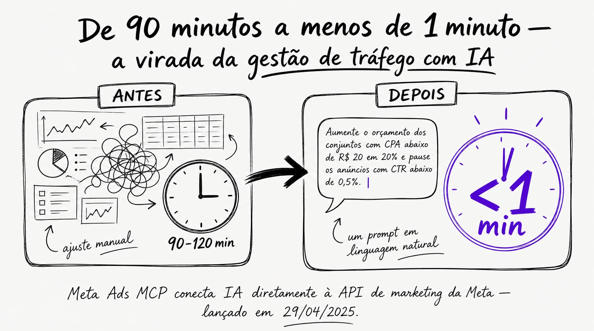 Infográfico comparativo mostrando a redução de tempo de auditoria de 90 minutos para menos de 1 minuto com o uso do Meta Ads MCP.