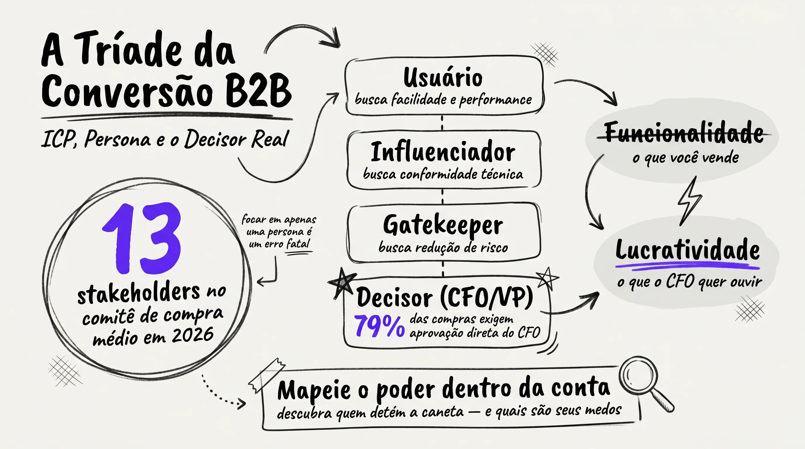 Infográfico ilustrando a hierarquia entre ICP, Persona e Decisor em 2026