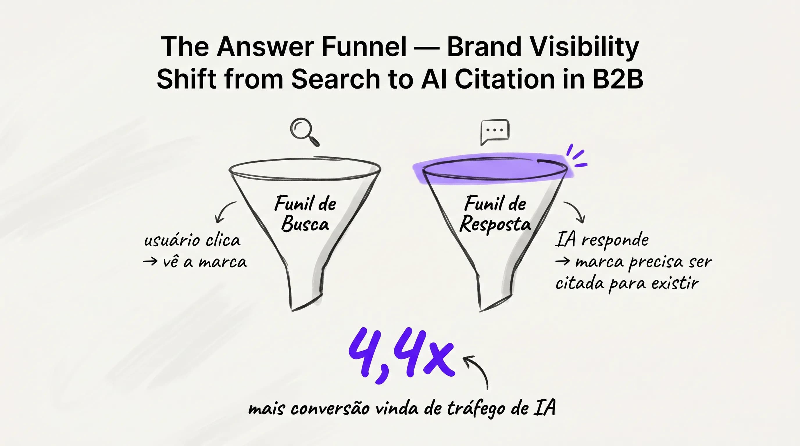 Infográfico comparando o funil de busca tradicional com o novo funil de resposta mediado por IA.